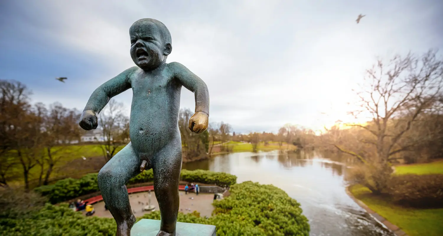 The Angry Boy (Sinnataggen) bronze statue on the bridge in Vigeland Park, Oslo Caption: Sinnataggen — the most photographed toddler tantrum in Norway.