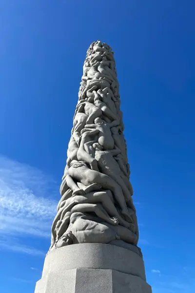The Monolith in Vigeland Park, 17 metres of granite carved with 121 human figures Caption: 121 figures, one block of Iddefjord granite, 13 years of hand carving.